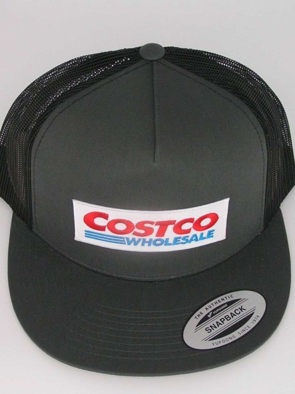 Costco Wholesale Patch on Trucker Hat Yupoong Classic 6006 Snapback Gray/Black